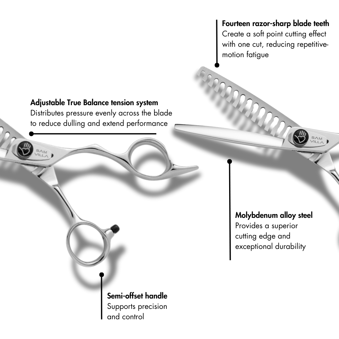 Sam Villa Classic Series Point Cutting Shear with long, narrow convex blades and semi-offset handle, ideal for deep, precise point cutting on wet or dry hair.