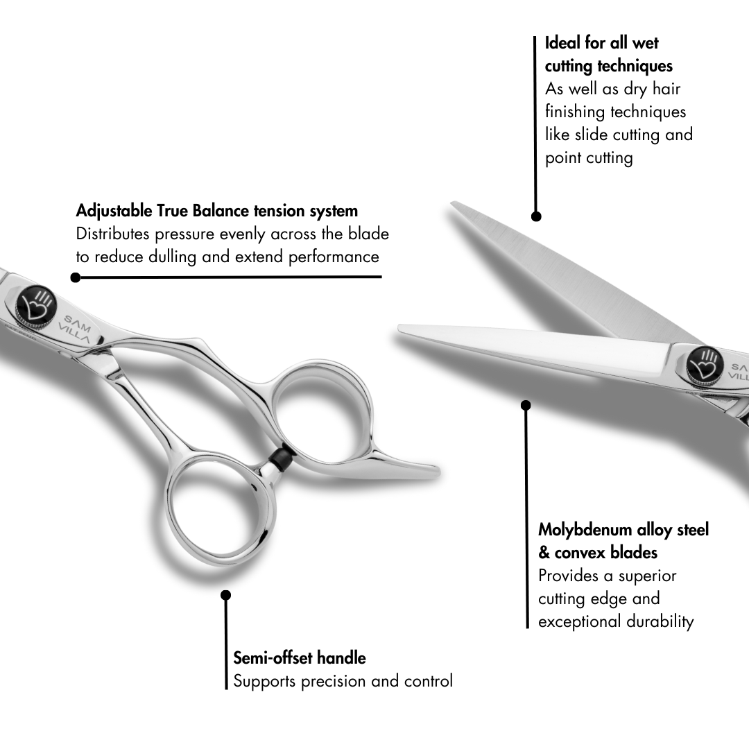 Sam Villa Classic Series Shear featuring a traditional semi-offset handle, sculpted finger rings, and convex blades made from molybdenum alloy steel, designed for comfortable, balanced wet or dry hair cutting by professional stylists.