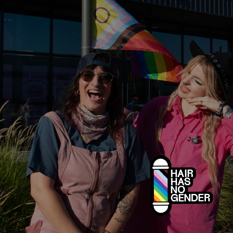 Hair Has No Gender logo with a brunette and blonde smiling