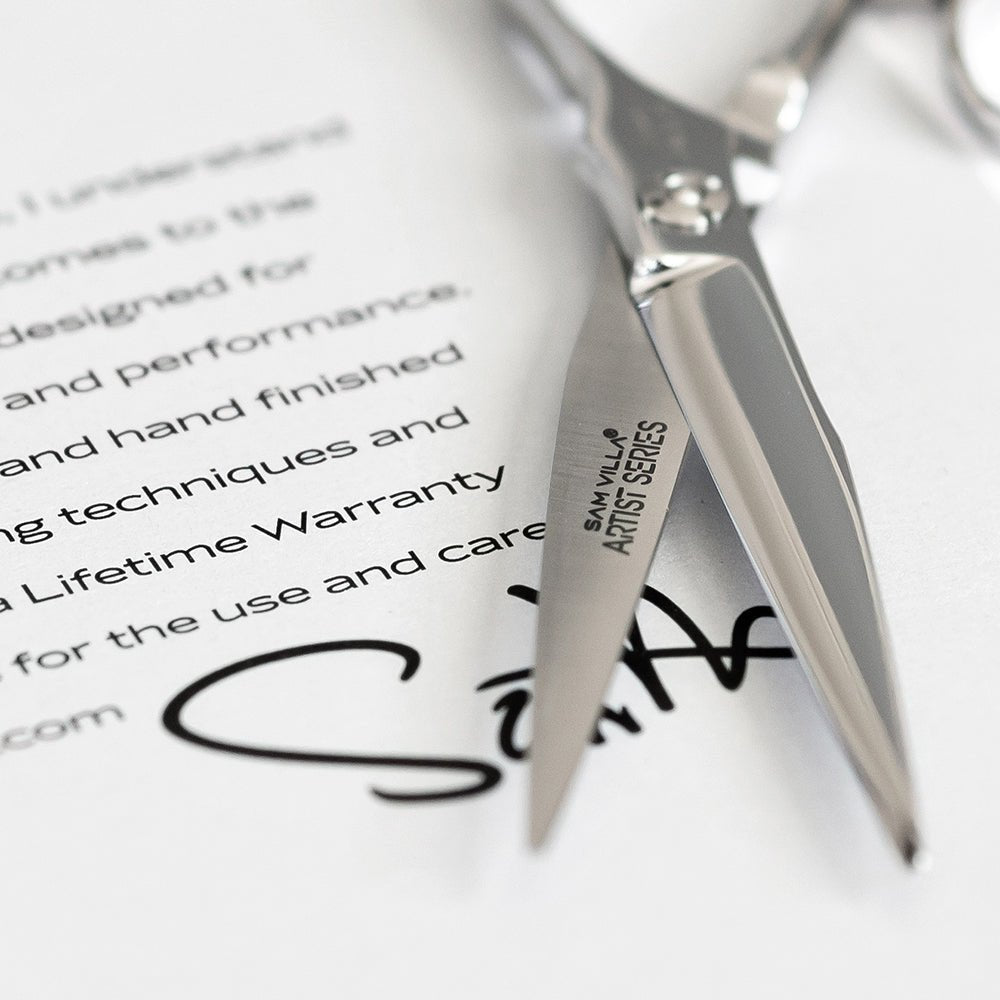 Sam Villa Artist Series Shear 6.25-inch with sculpted ergonomic crane handle, convex blades, and Japanese molybdenum alloy steel for precise wet or dry hair cutting.