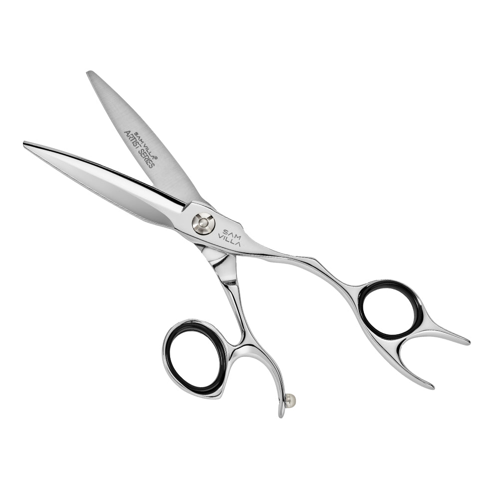 Sam Villa Artist Series Slide Cutting Shear with 6-inch convex blades and ergonomic crane handle, crafted from Japanese molybdenum alloy steel for smooth, effortless slide cutting.