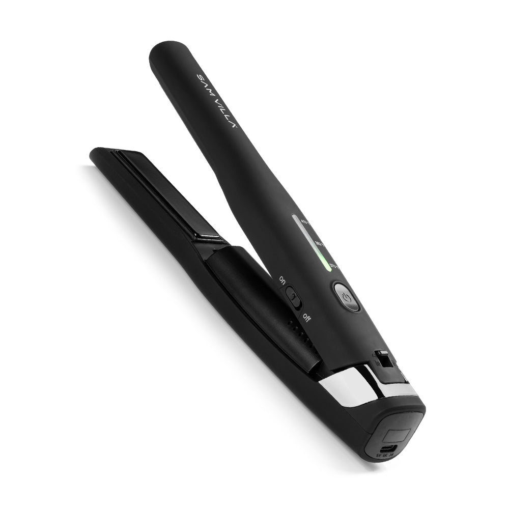 Sam Villa Pro Results Cordless Flat Iron with tourmaline-coated plates and nano-silver technology, featuring 45 minutes of cordless styling, USB-C charging, and a heat-resistant travel pouch for professional, on-the-go hair straightening or curling.