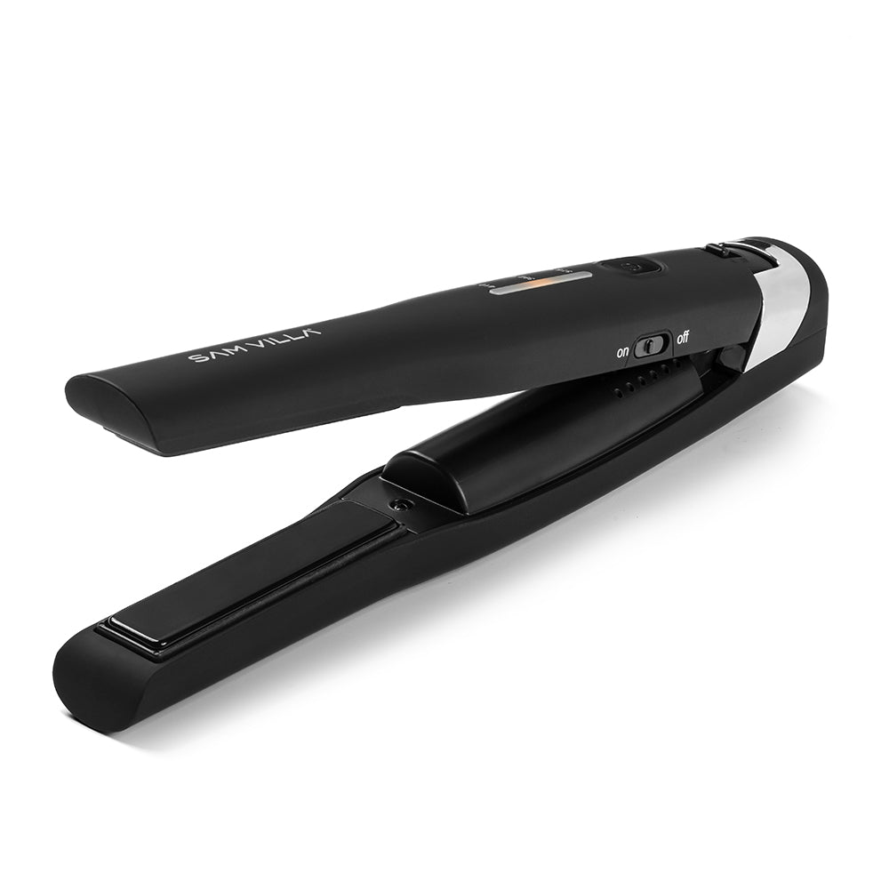 Sam Villa Pro Results Cordless Flat Iron with tourmaline-coated plates and nano-silver technology, featuring 45 minutes of cordless styling, USB-C charging, and a heat-resistant travel pouch for professional, on-the-go hair straightening or curling.