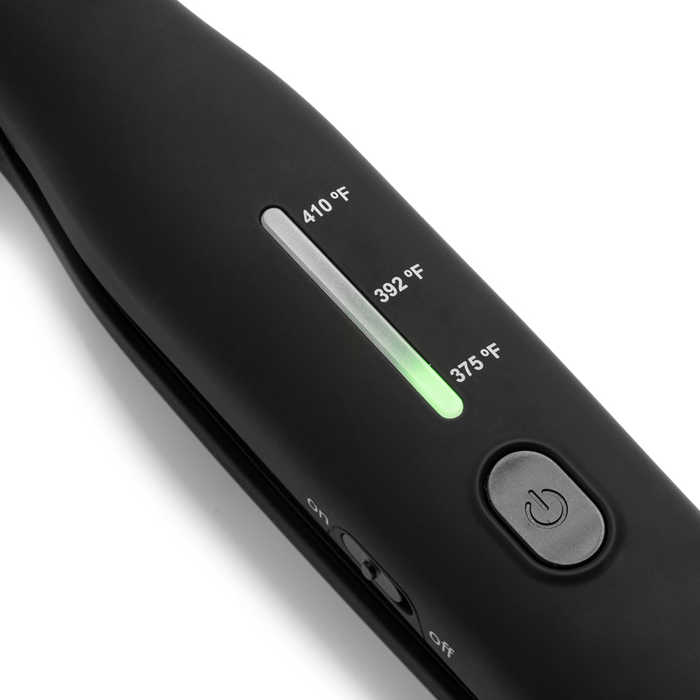 Sam Villa Pro Results Cordless Flat Iron with tourmaline-coated plates and nano-silver technology, featuring 45 minutes of cordless styling, USB-C charging, and a heat-resistant travel pouch for professional, on-the-go hair straightening or curling.