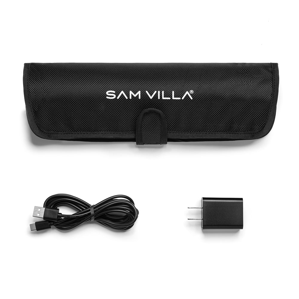 Sam Villa Pro Results Cordless Flat Iron with tourmaline-coated plates and nano-silver technology, featuring 45 minutes of cordless styling, USB-C charging, and a heat-resistant travel pouch for professional, on-the-go hair straightening or curling.