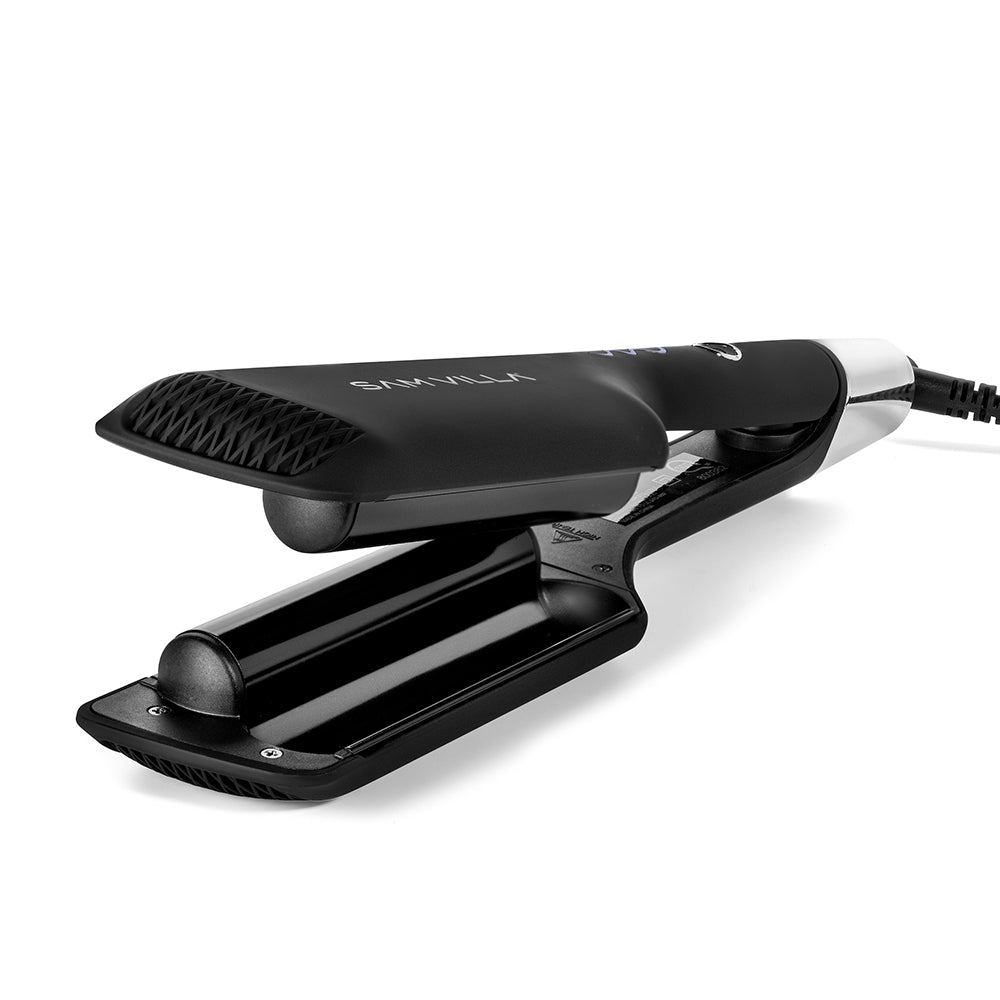 Dual ceramic-infused barrels on Sam Villa Double-Waver Iron for consistent heat and smooth waves.