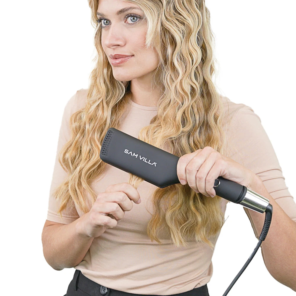 Model using the Sam Villa Double-Waver Iron to create smooth, defined waves.