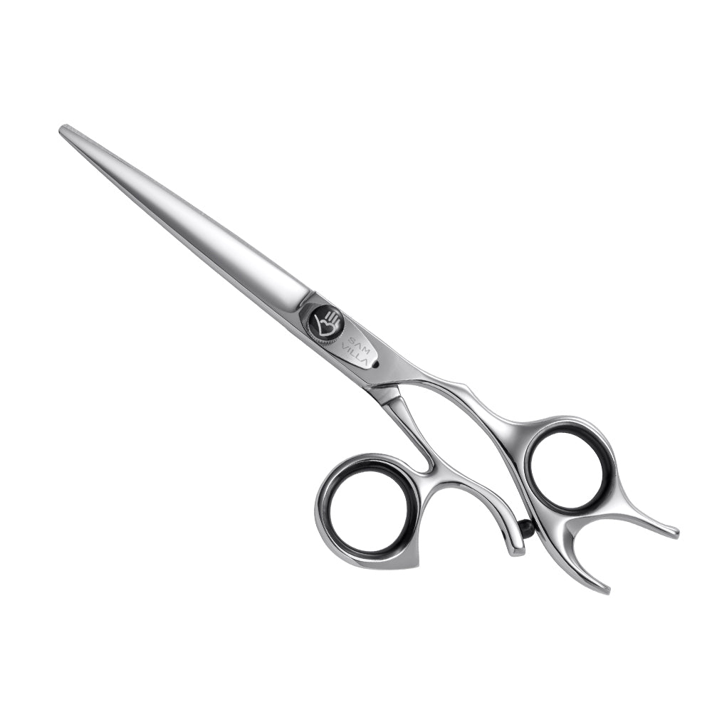 Sam Villa Signature Series Wet Cutting Shear with ergonomic crane handle and forward-set thumb, handcrafted Japanese convex blades, and True Balance ball bearing tension system for smooth, precise wet or dry hair cutting by professional stylists.