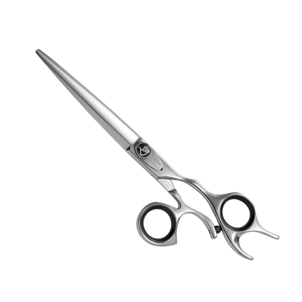 Sam Villa Signature Series Dry Cutting Shear with 7-inch sword blade and ergonomic crane handle, crafted from Japanese molybdenum alloy steel, designed for smooth, precise dry hair cutting and deep point cutting by professional stylists.
