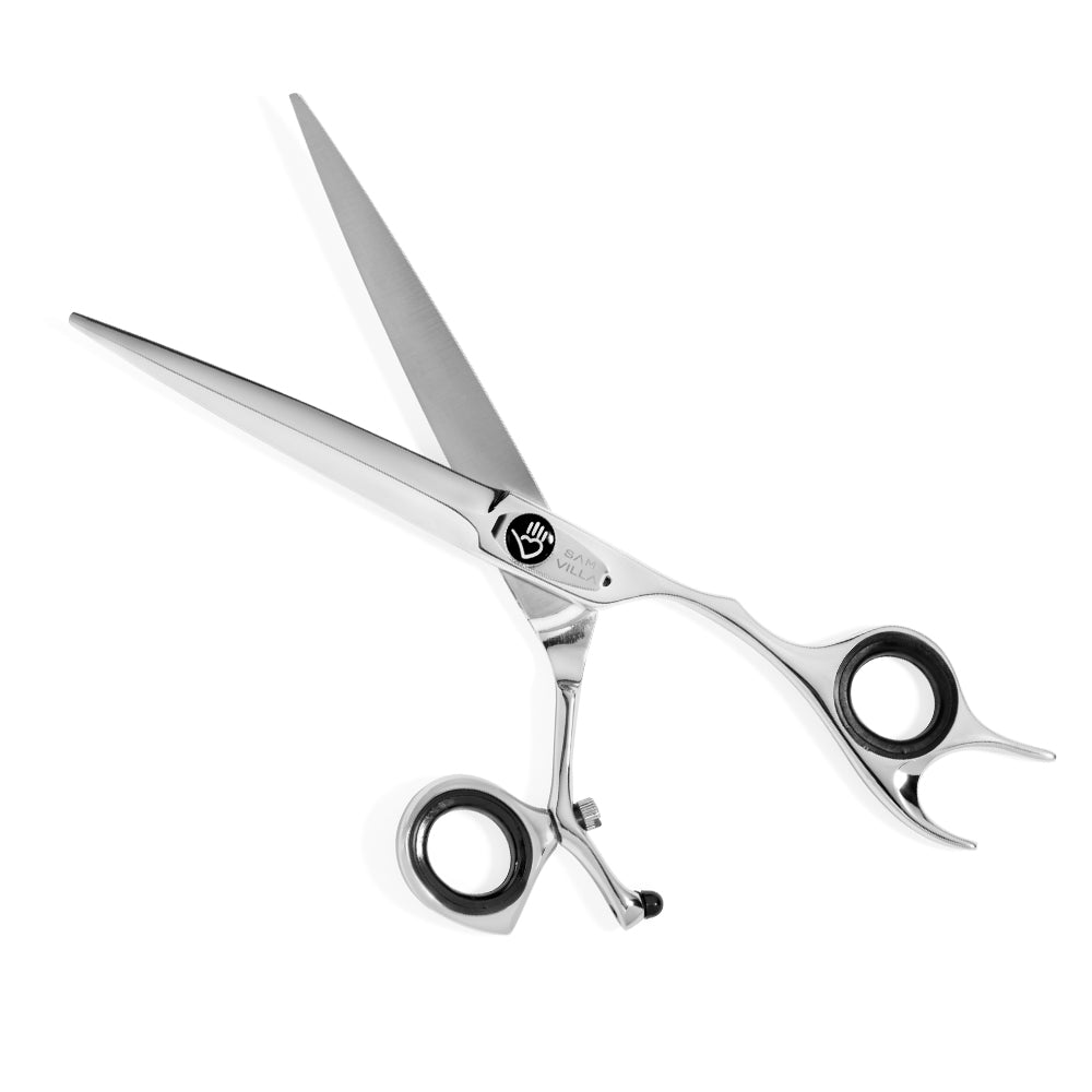 Sam Villa Signature Series Dry Swivel Shear with rotating swivel thumb and ergonomic crane handle, featuring a powerful sword blade and convex edge made from Japanese molybdenum alloy steel, designed for precise, comfortable dry hair cutting by professional stylists.