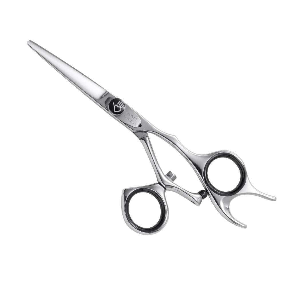 Sam Villa Signature Series Wet Swivel Shear featuring a rotating swivel thumb and ergonomic crane handle for comfortable, precise wet or dry hair cutting, crafted from Japanese molybdenum alloy steel for professional stylists.