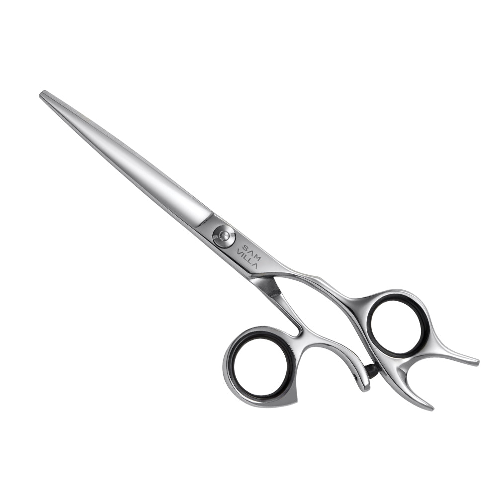 Sam Villa Essential Series Shear with ergonomic forward-set handle, convex blades, and Japanese stainless steel for smooth, comfortable wet or dry hair cutting.
