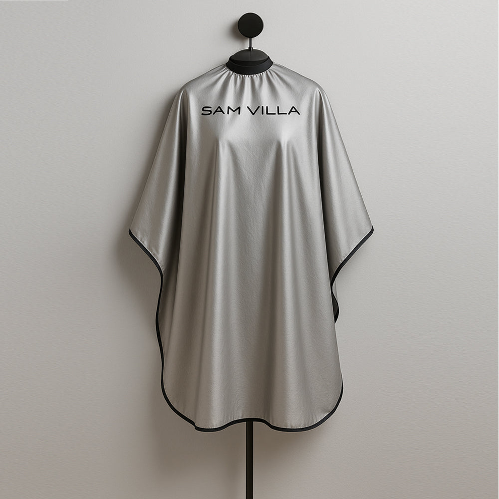 Sam Villa Reversible All-Purpose Cape, professional salon cape with black and silver sides for contrast on light or dark hair, waterproof and chemical resistant, lightweight high-tech material, extra-large size with adjustable snap neck closure for comfortable secure fit, essential for hair cutting, coloring, and styling