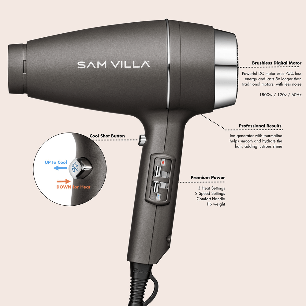 Sam Villa Vision Hair Dryer – Lightweight Professional Blow Dryer with Brushless Digital Motor, Fast Drying, Quiet Operation, Ergonomic Design for Shiny, Healthy Hair