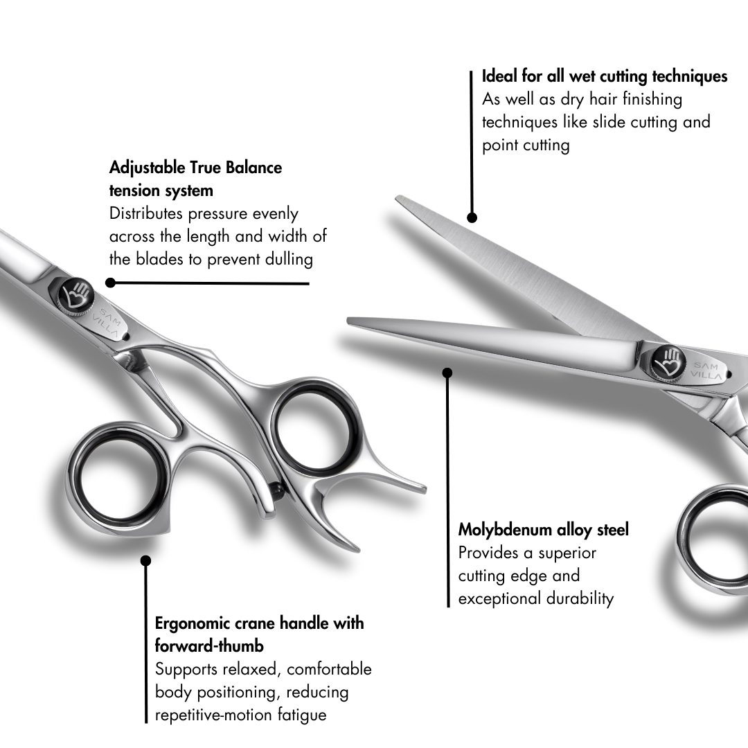 Sam Villa Signature Series Wet Cutting Shear with ergonomic crane handle and forward-set thumb, handcrafted convex blades, and True Balance ball bearing tension system for smooth, precise wet or dry hair cutting by professional stylists.