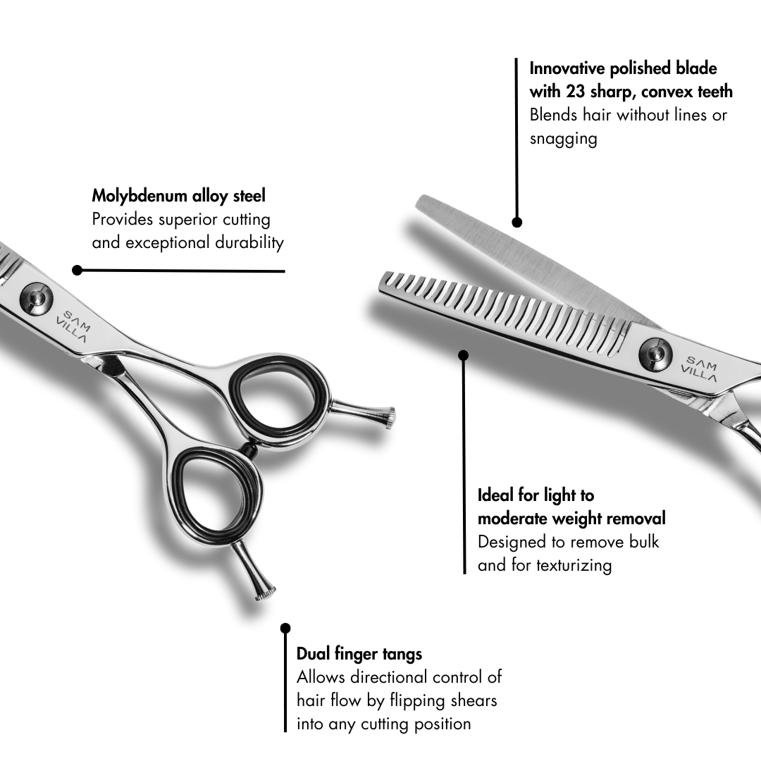 Sam Villa InvisiBlend Shear featuring 23 ultra-fine teeth for invisible blending and soft texture, that leaves no blunt lines, and made with molybdenum alloy steel.