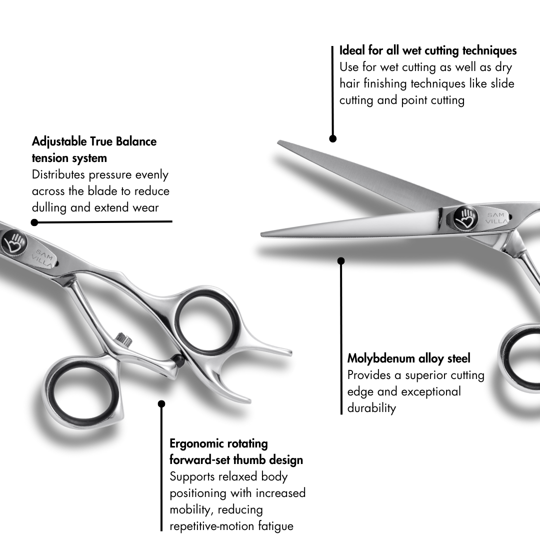 Sam Villa Signature Series Swivel Shear features an ergonomic crane handle and crafted from molybdenum alloy steel. Designed for smooth, precise hair cutting, by professional stylists.