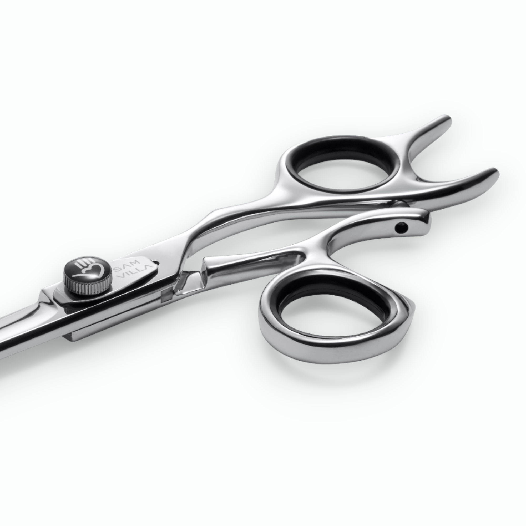 Close-up of silver hair-cutting shears with ergonomic handle design.
