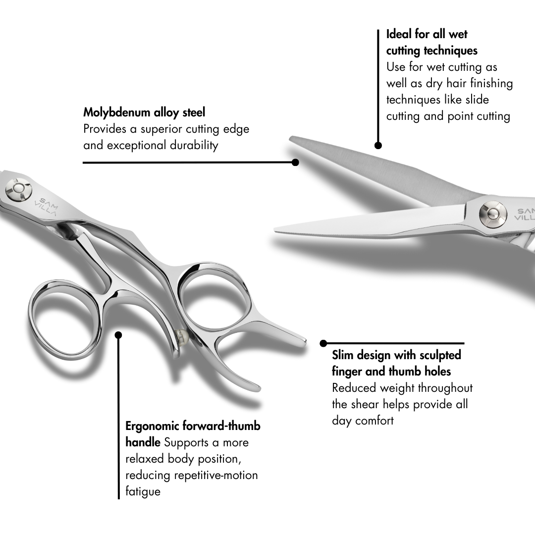 Sam Villa Streamline Series Shear, lightweight with contoured blades and sculpted ergonomic handle, designed for precision and comfort in wet or dry hair cutting. Readers Choice Award Winner in 2019.