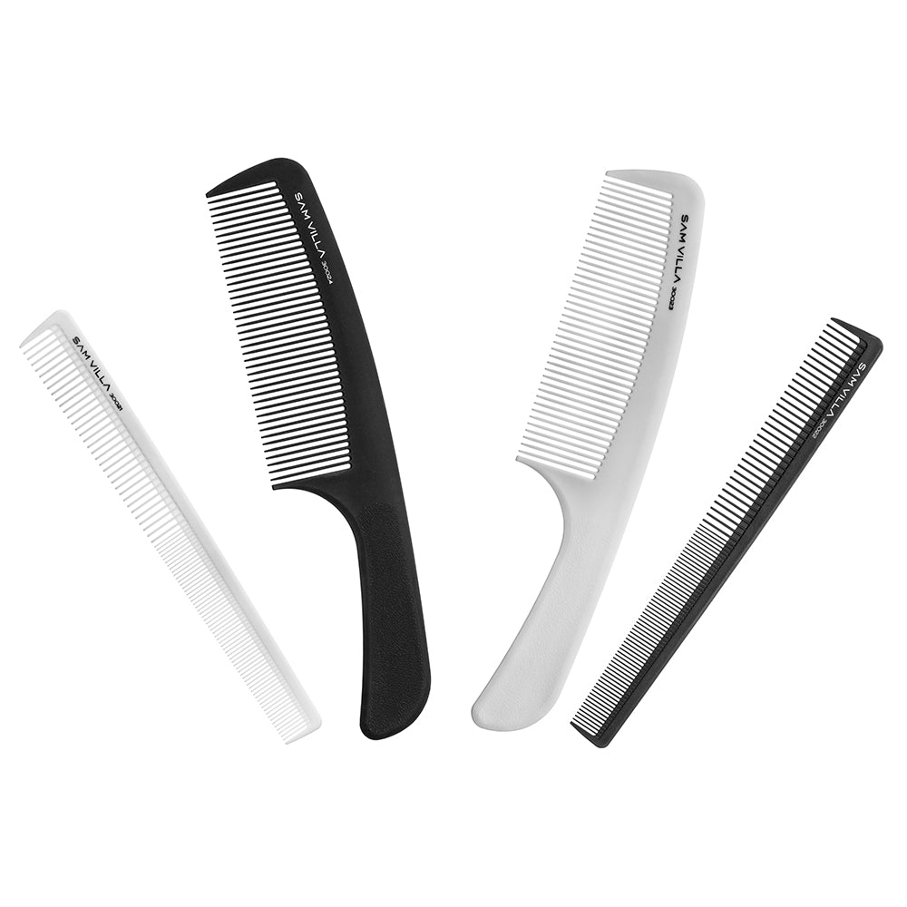 Sam Villa Artist Series 4 Piece Comb Barbering Set with Case, professional barber comb set includes handle comb and detail comb with ultra-slim design for precision shear over comb, close tapering, and fine detailing, durable construction, convenient carrying case for organization and travel, essential hair cutting tools for barbers and stylists