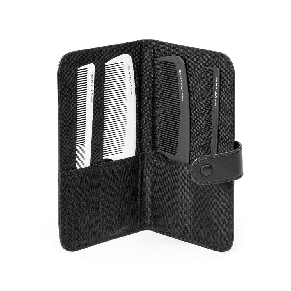 Sam Villa Artist Series 4 Piece Comb Barbering Set with Case, professional barber comb set includes handle comb and detail comb with ultra-slim design for precision shear over comb, close tapering, and fine detailing, durable construction, convenient carrying case for organization and travel, essential hair cutting tools for barbers and stylists