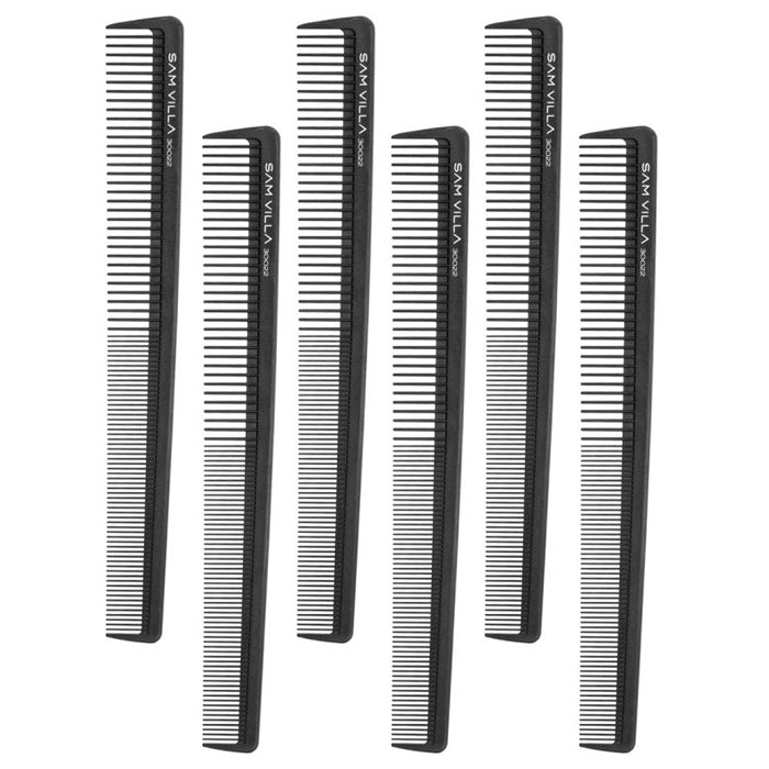 Sam Villa Artist Series Detail Comb, professional barber detail comb with slim design and fine teeth for precision shear-over-comb and clipper-over-comb techniques, flexible yet strong for intricate tapering and fading, contoured handle for control around ears and neckline, essential hair cutting tool for barbers and stylists