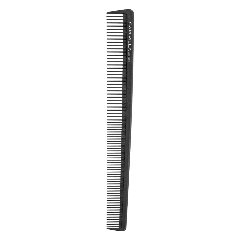 Sam Villa Artist Series Detail Comb, professional barber detail comb with slim design and fine teeth for precision shear-over-comb and clipper-over-comb techniques, flexible yet strong for intricate tapering and fading, contoured handle for control around ears and neckline, essential hair cutting tool for barbers and stylists