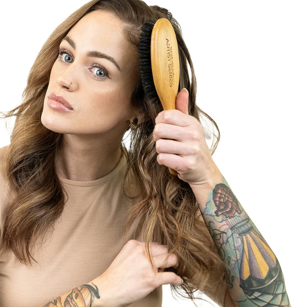 Sam Villa Artist Series Finishing Brush, professional finishing brush with 100% premium boar bristles for maximum softness, smoothing, and beautiful shine, short handle for precision control, perfect for polished ponytails, sleek upstyles, and adding smooth details to all hair textures, salon-quality hair styling tool