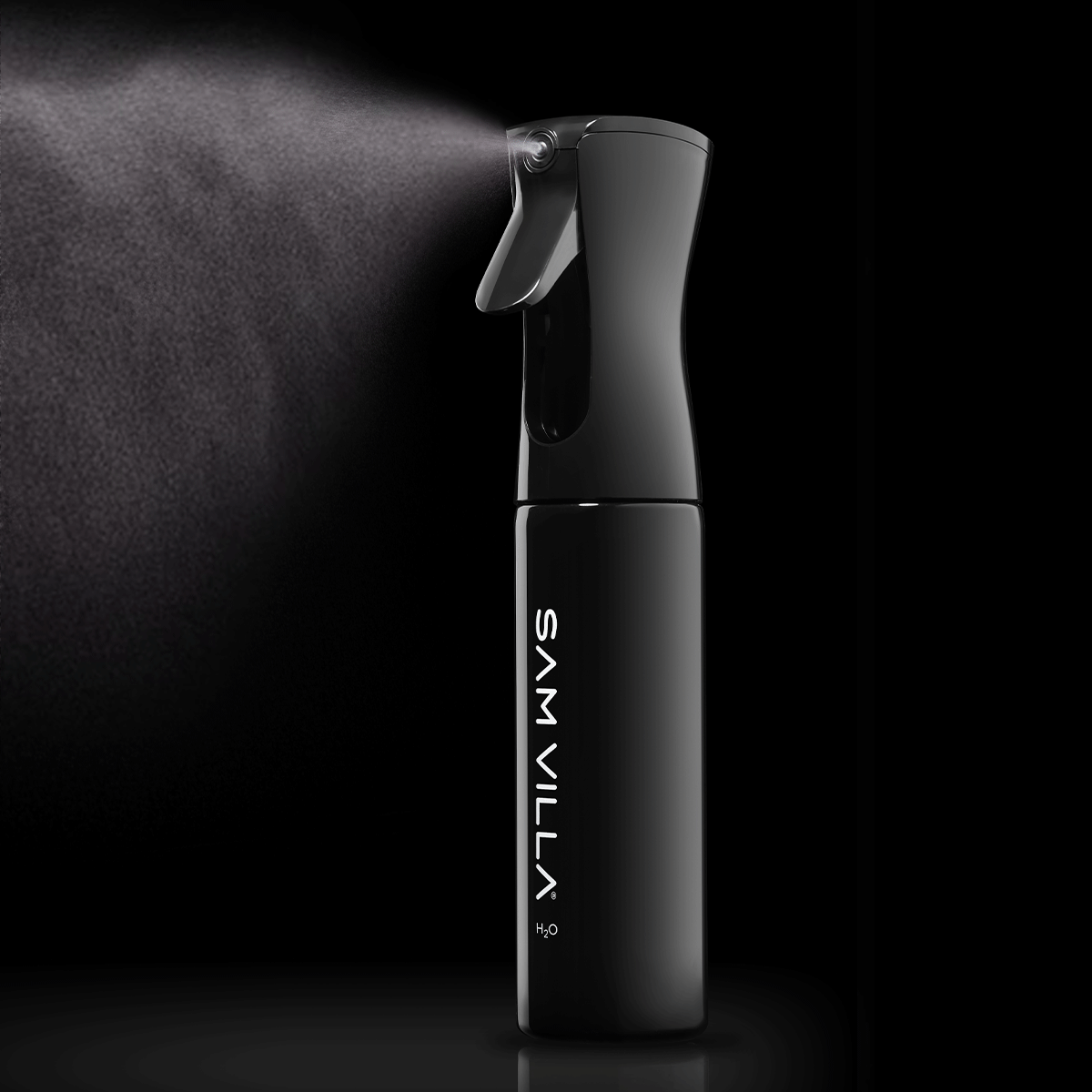 Sam Villa Continuous Mist Spray Bottle, professional salon spray bottle with fine even mist, ergonomic curved design for comfort, 360 degree spraying, prolonged continuous spray, airless technology for no contamination, large spray pattern for quick hair wetting, reduces hand fatigue, best for hairstylists and salon use