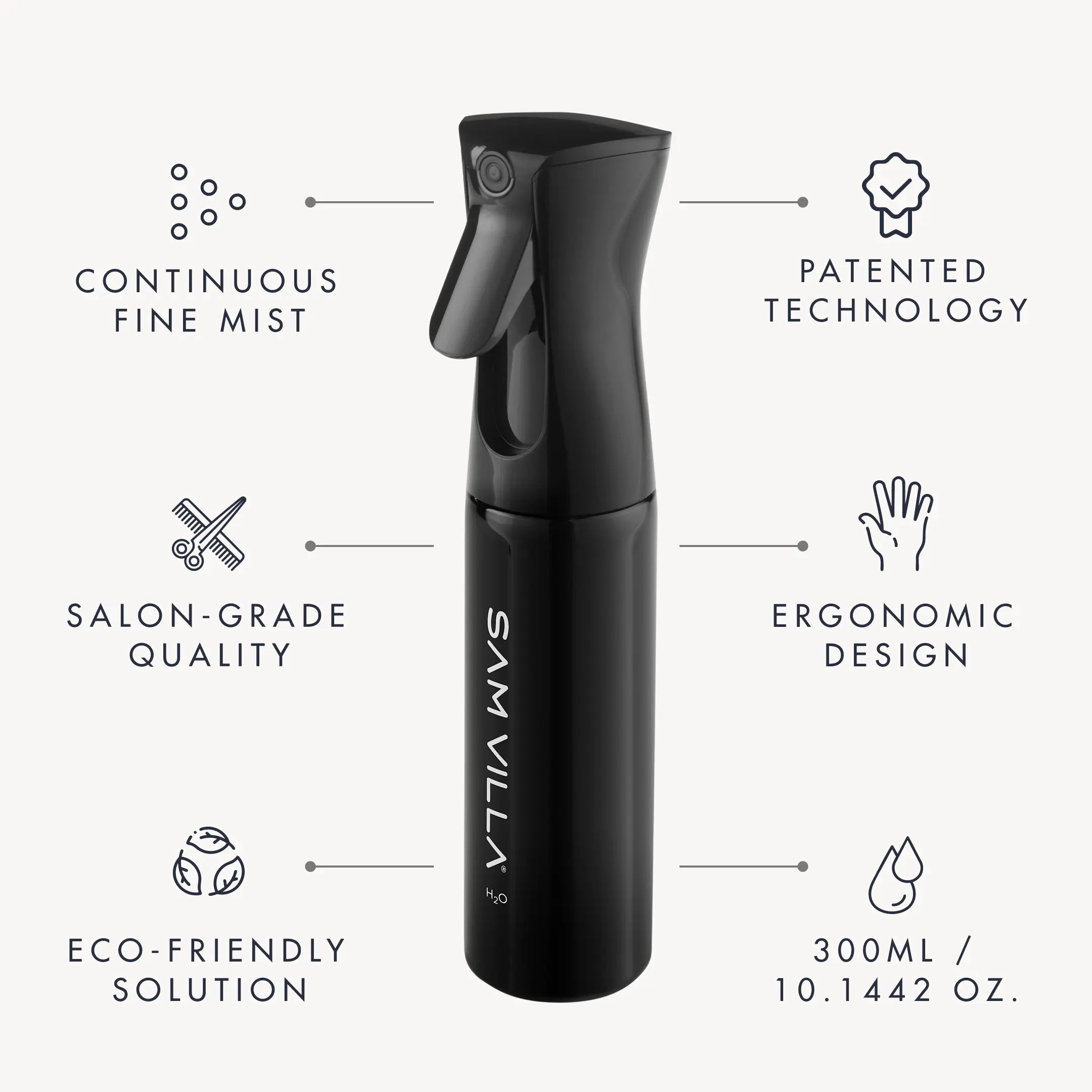 Sam Villa Continuous Mist Spray Bottle, professional salon spray bottle with fine even mist, ergonomic curved design for comfort, 360 degree spraying, prolonged continuous spray, airless technology for no contamination, large spray pattern for quick hair wetting, reduces hand fatigue, best for hairstylists and salon use