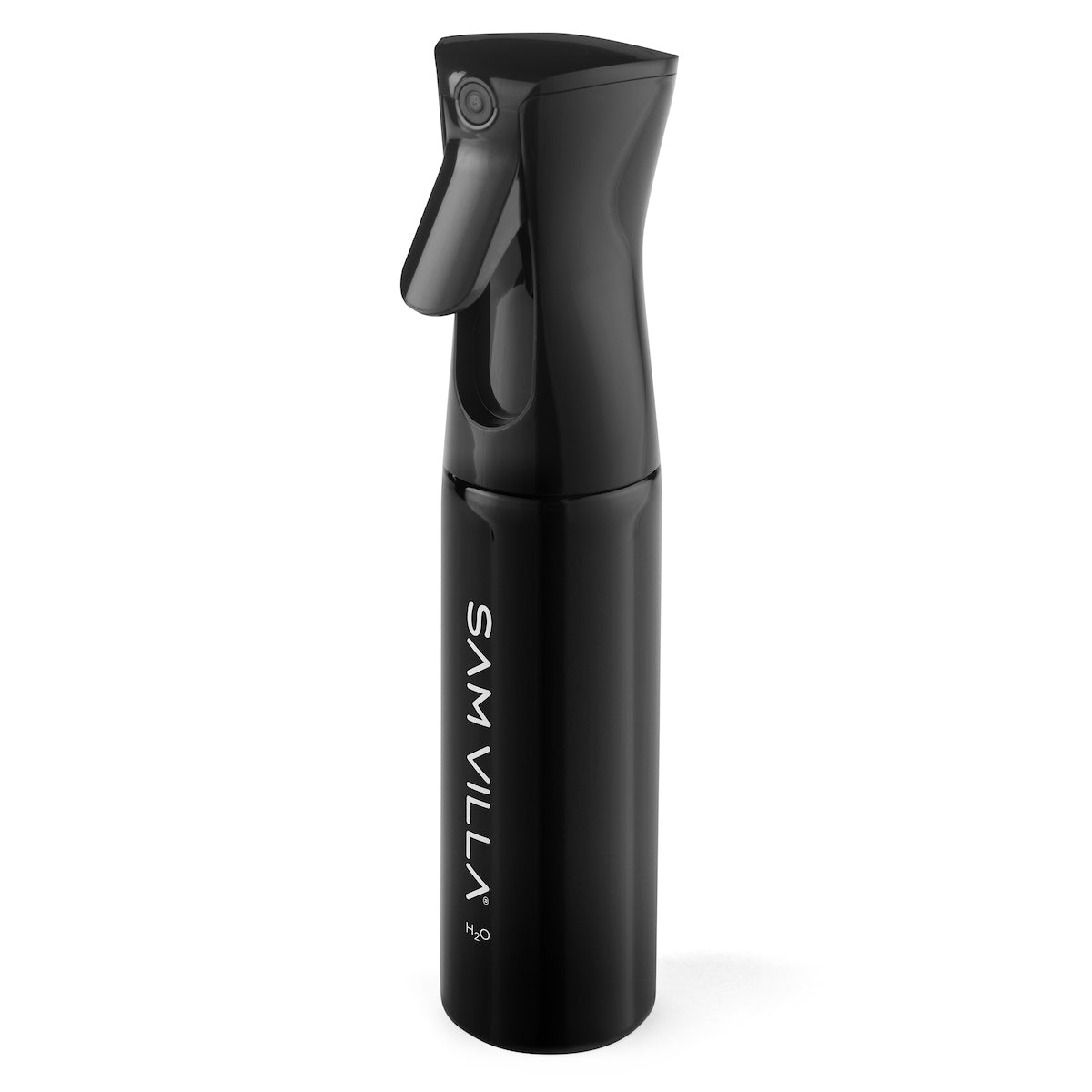 Sam Villa Continuous Mist Spray Bottle, professional salon spray bottle with fine even mist, ergonomic curved design for comfort, 360 degree spraying, prolonged continuous spray, airless technology for no contamination, large spray pattern for quick hair wetting, reduces hand fatigue, best for hairstylists and salon use