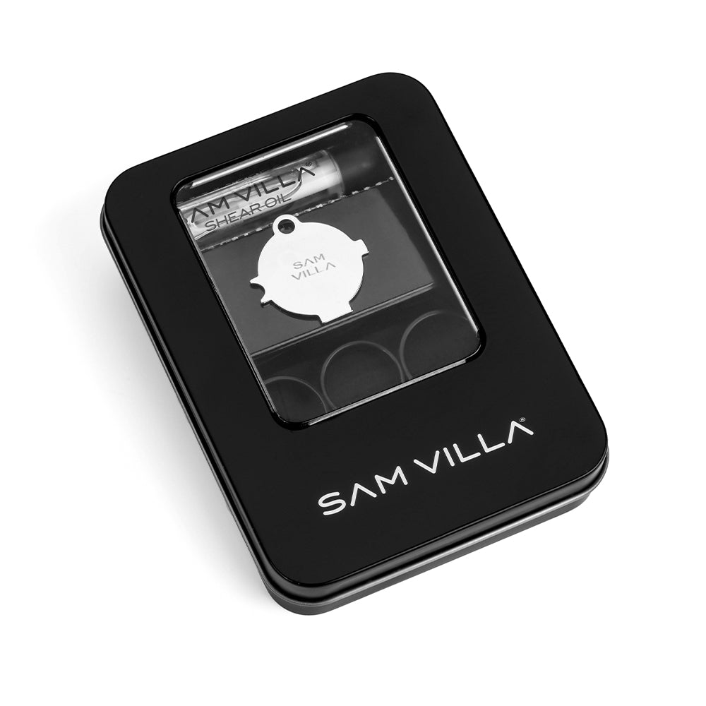 Sam Villa Shear Care Kit, all-in-one maintenance kit in a convenient tin box with cleaning oil, soft cloth, and tension adjustment tool, designed for cleaning, lubricating, and adjusting hairdressing shears, extends shear life and ensures maximum performance, essential accessory for stylists and barbers