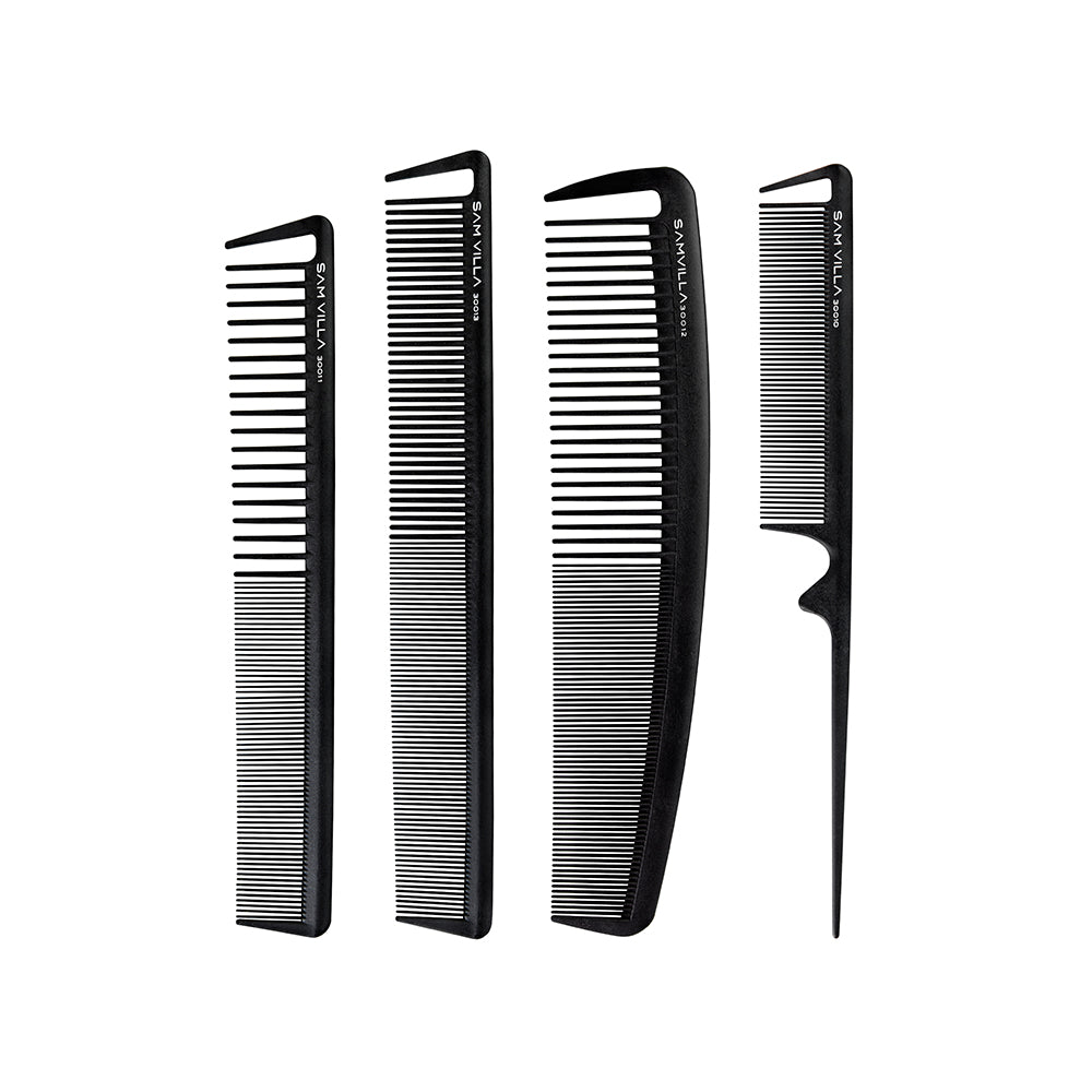 Sam Villa Signature Series 8 Piece Comb Set with Case, professional salon comb set made from carbon, silicone, and graphite, heat resistant up to 450 degrees, includes short, long, wide, and tail combs in black and ivory for all hair types and colors, seamless snag-free design, parting pick for precise sectioning, deluxe carrying case for storage and travel, essential hair styling tools for stylists