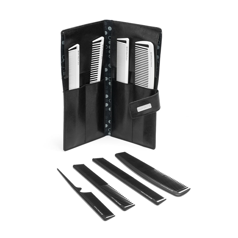 Sam Villa Signature Series 8 Piece Comb Set with Case, professional salon comb set made from carbon, silicone, and graphite, heat resistant up to 450 degrees, includes short, long, wide, and tail combs in black and ivory for all hair types and colors, seamless snag-free design, parting pick for precise sectioning, deluxe carrying case for storage and travel, essential hair styling tools for stylists