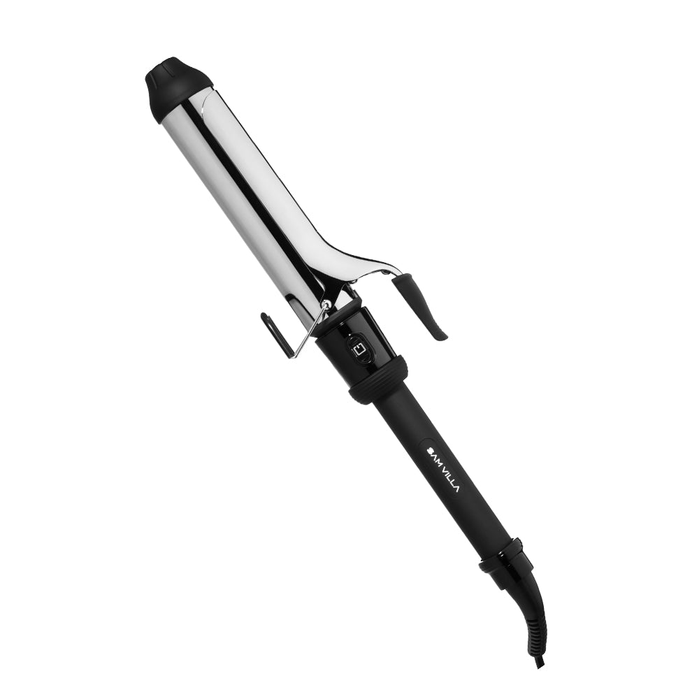 Sam Villa Signature Series Professional Curling Iron 1.5 inch, extra-long barrel, professional curling iron for voluminous waves, shiny curls, long hair styling, polished stainless steel, consistent heat technology, salon-quality hair tool, easy clamp, body and movement, best curling iron for lasting curls