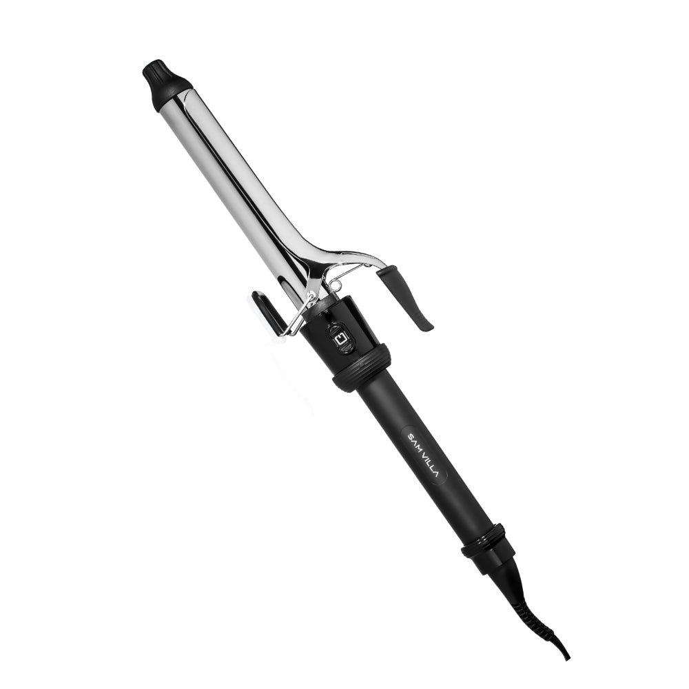 Sam Villa Signature Series Professional Curling Iron 1 inch, extra-long barrel, polished stainless steel, professional curling iron for waves and curls, consistent heat technology, shiny long-lasting styles, tight grip clamp, versatile styling tool, best for all hair types, salon-quality results