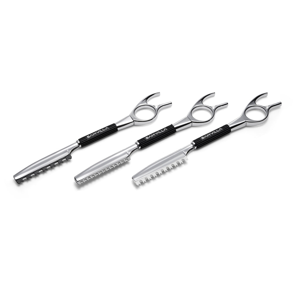 Sam Villa Signature Series Razor Trio, professional haircutting razors with ergonomic swivel handles, ultra-sharp stainless steel blades, precision control for blending, texturizing, point cutting, and detail work, balanced metal handle, salon-quality hair styling tools for stylists and barbers