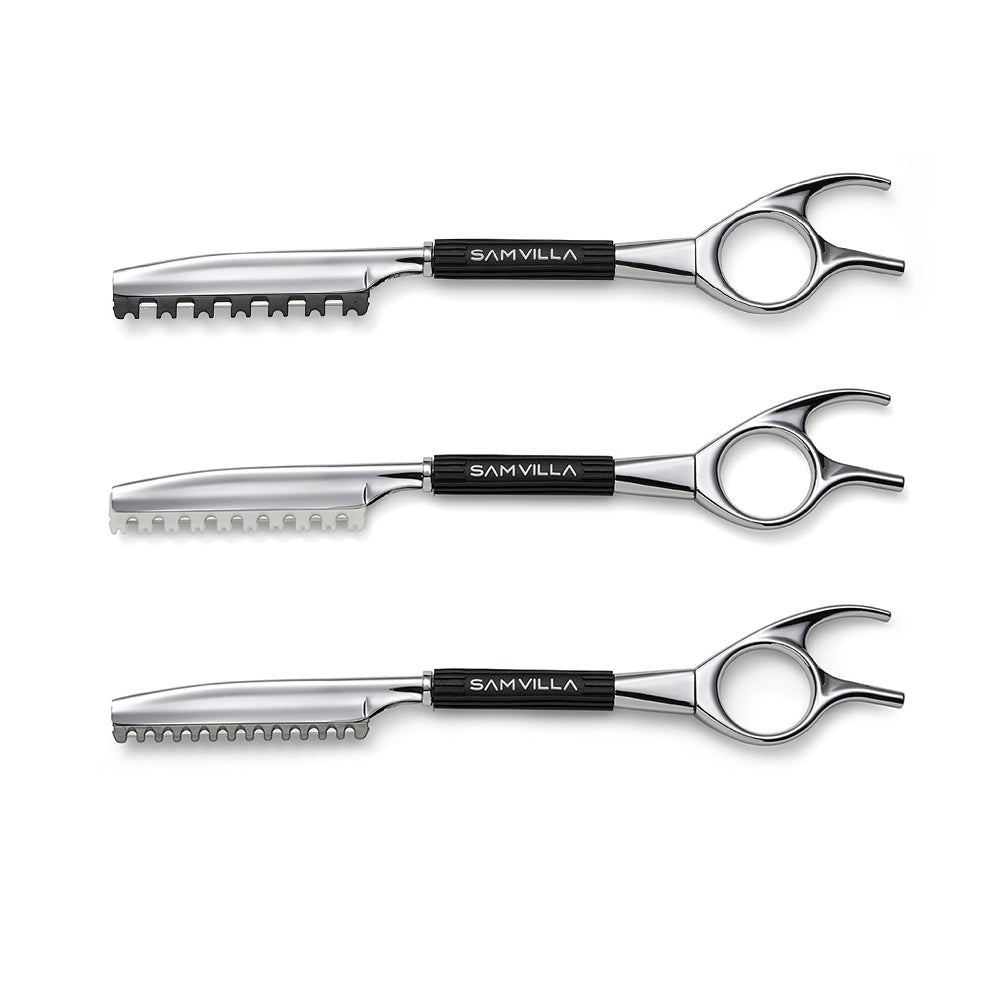 Sam Villa Signature Series Razor Trio, professional haircutting razors with ergonomic swivel handles, ultra-sharp stainless steel blades, precision control for blending, texturizing, point cutting, and detail work, balanced metal handle, salon-quality hair styling tools for stylists and barbers