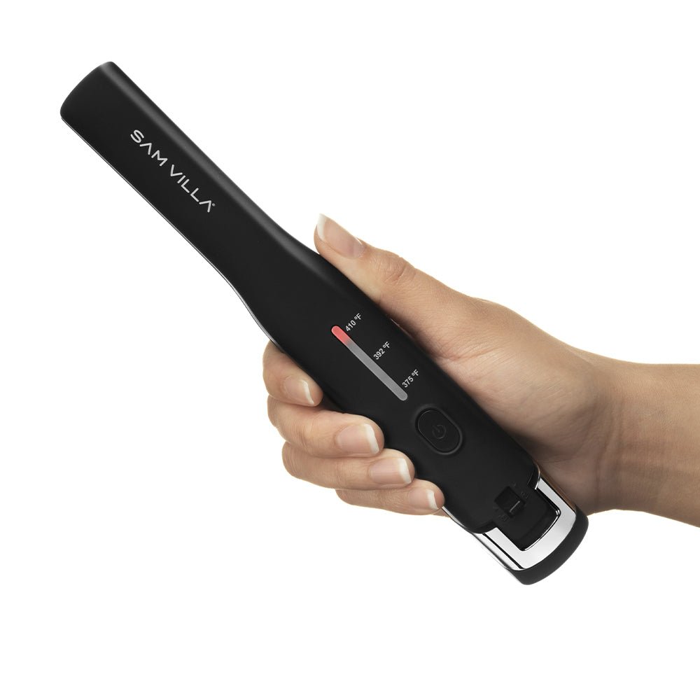 Sam Villa Pro Results Cordless Flat Iron with tourmaline-coated plates and nano-silver technology, featuring 45 minutes of cordless styling, USB-C charging, and a heat-resistant travel pouch for professional, on-the-go hair straightening or curling.