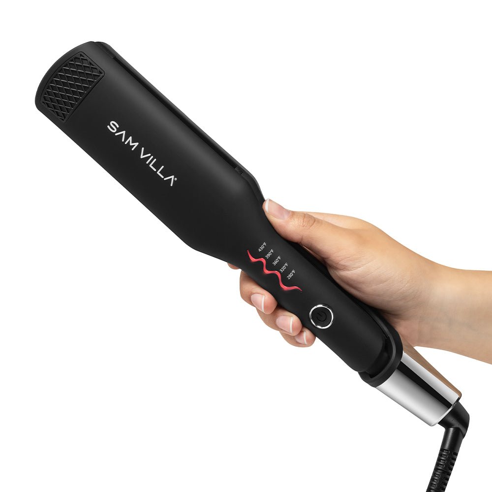 Sam Villa Pro Results Single-Waver Iron with deep ceramic-infused barrel, designed for fast, effortless styling and long-lasting, defined waves on all hair types, featuring adjustable heat settings and ergonomic handle for professional results.