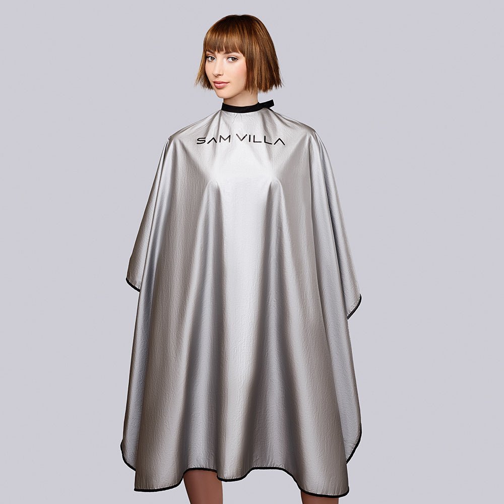 Sam Villa Reversible All-Purpose Cape, professional salon cape with black and silver sides for contrast on light or dark hair, waterproof and chemical resistant, lightweight high-tech material, extra-large size with adjustable snap neck closure for comfortable secure fit, essential for hair cutting, coloring, and styling