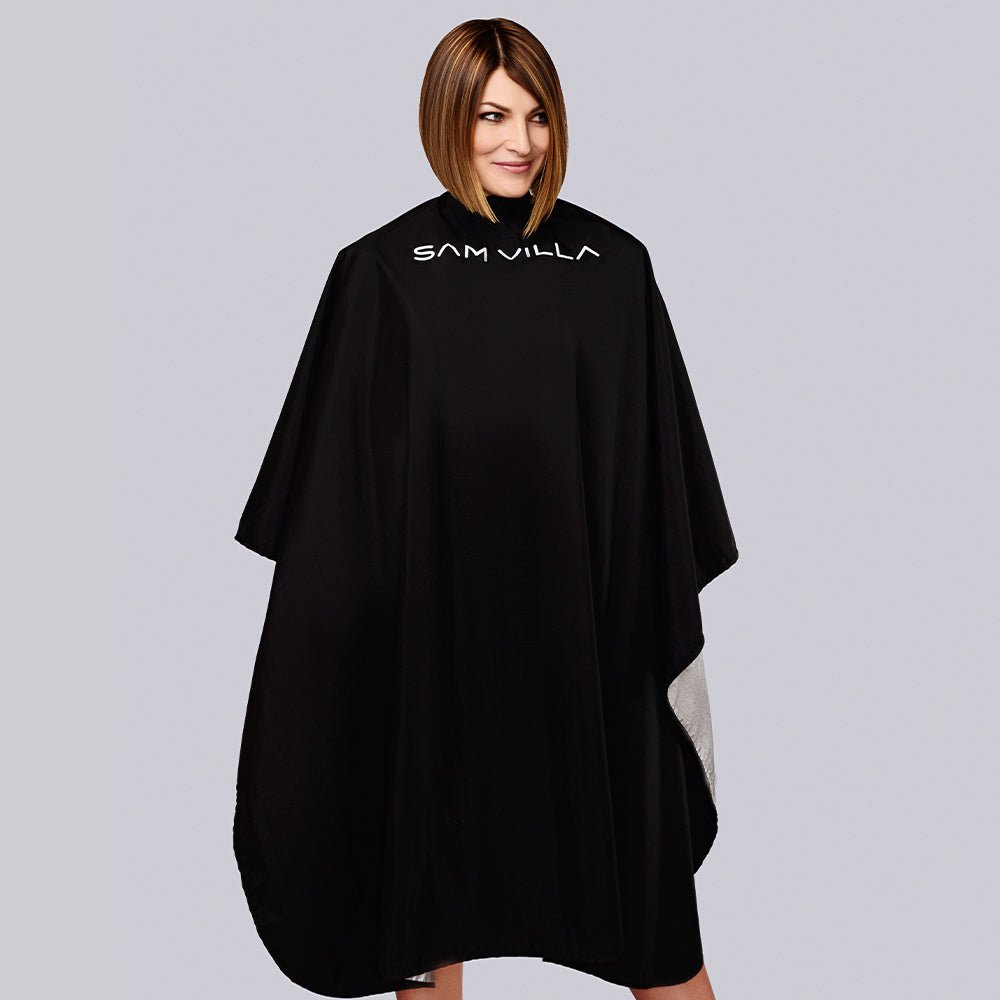 Sam Villa Reversible All-Purpose Cape, professional salon cape with black and silver sides for contrast on light or dark hair, waterproof and chemical resistant, lightweight high-tech material, extra-large size with adjustable snap neck closure for comfortable secure fit, essential for hair cutting, coloring, and styling