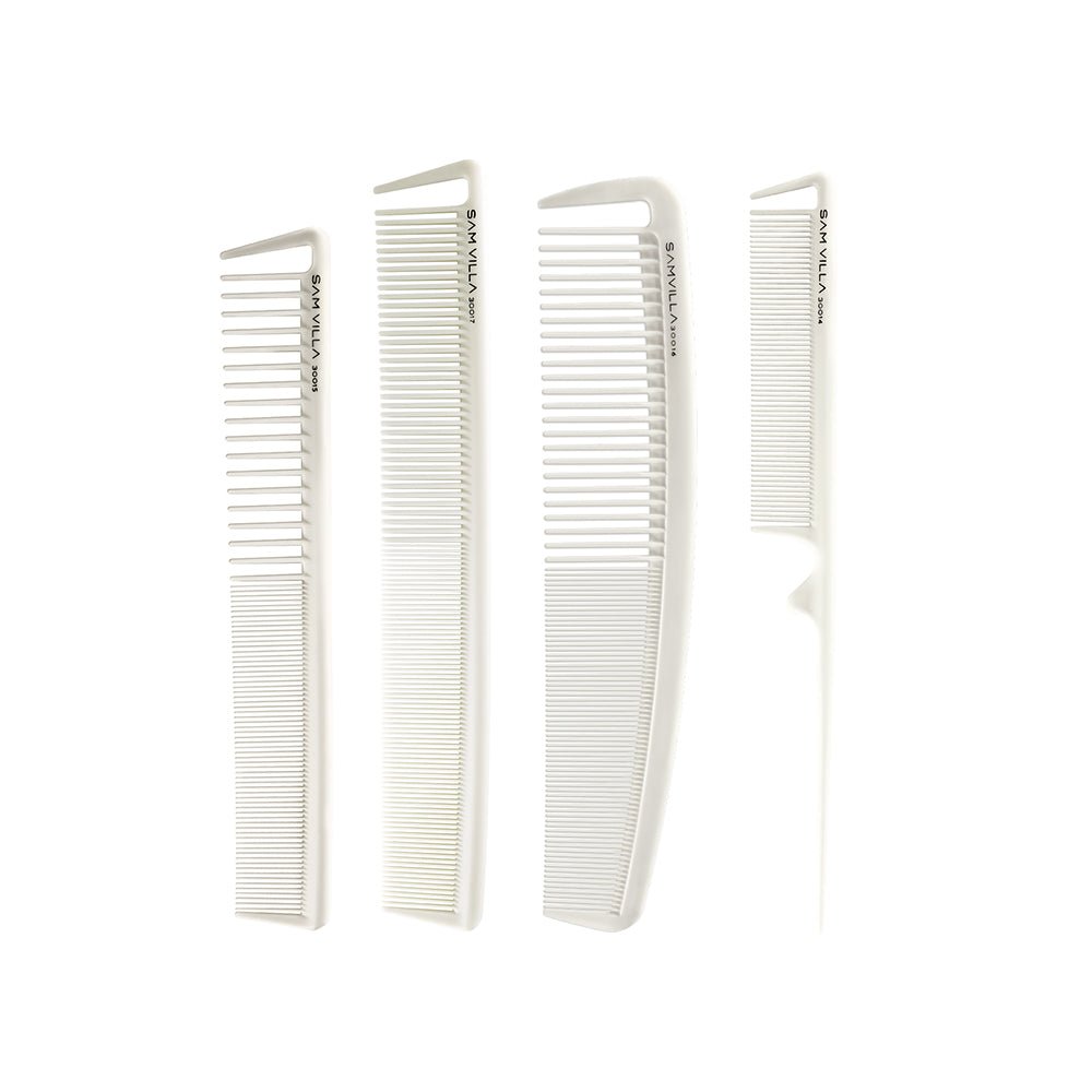 Sam Villa Signature Series 8 Piece Comb Set with Case, professional salon comb set made from carbon, silicone, and graphite, heat resistant up to 450 degrees, includes short, long, wide, and tail combs in black and ivory for all hair types and colors, seamless snag-free design, parting pick for precise sectioning, deluxe carrying case for storage and travel, essential hair styling tools for stylists