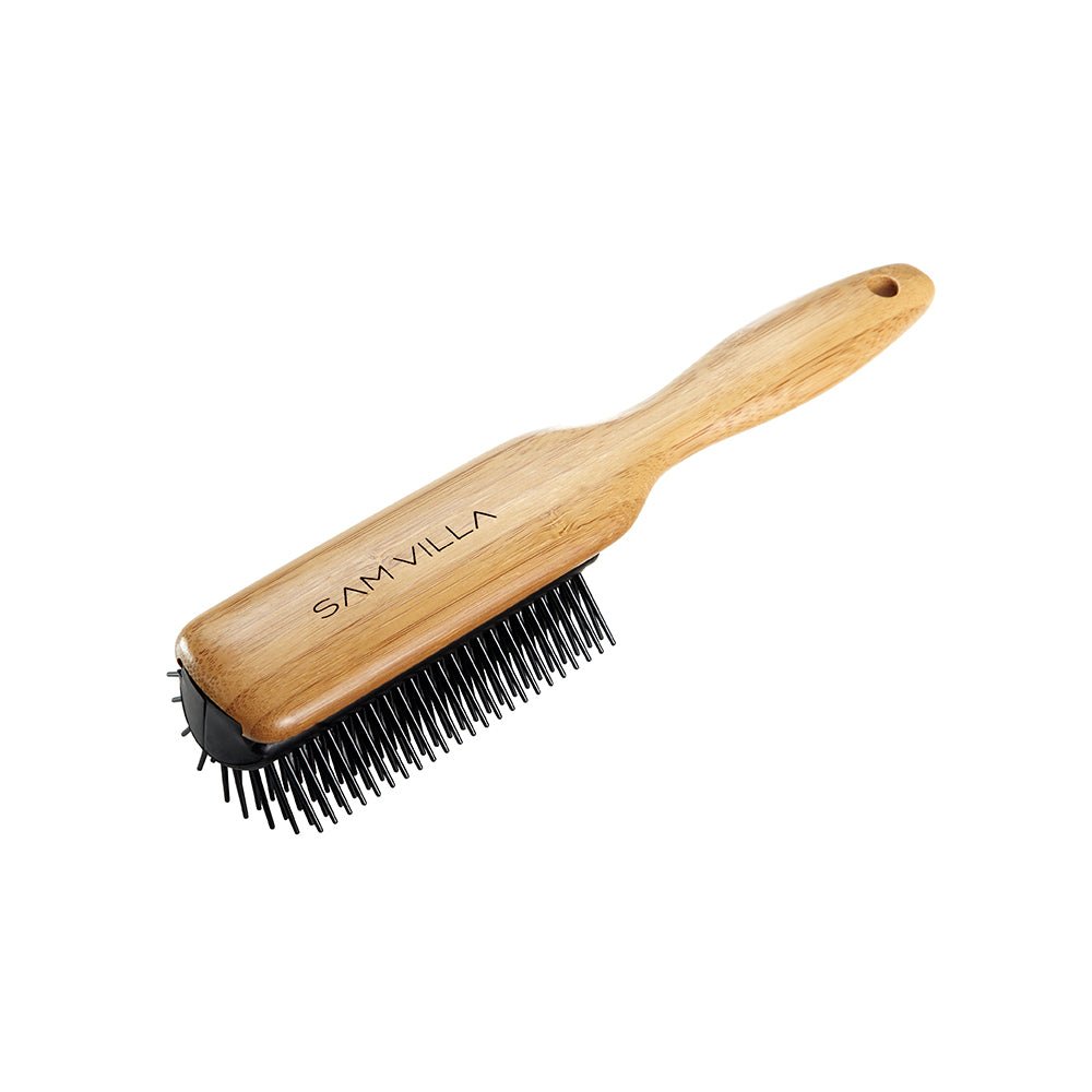 Sam Villa Signature Series 9 Row Finishing Brush, professional finishing brush with nine rows of ionic nylon and tourmaline-infused bristles for detangling, polishing, and adding shine, ultra-smooth glide for thick hair, perfect for blowouts, beveled bobs, and fringes with movement, ergonomic handle, salon-quality hair styling tool for all hair types