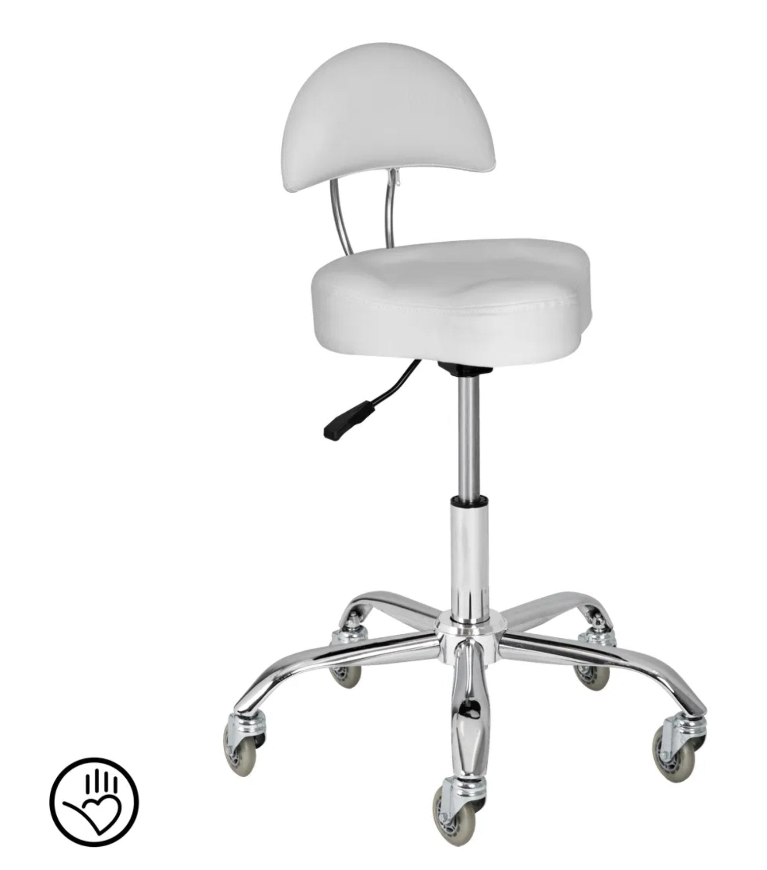 Sam Villa Signature Series Cutting Stool, professional hydraulic adjustable cutting chair with thick memory foam seat, supportive backrest, and adjustable footrest, ergonomic design for comfort and posture support, smooth rolling casters, ideal for hairdressers and stylists to reduce fatigue and promote healthy working posture in the salon