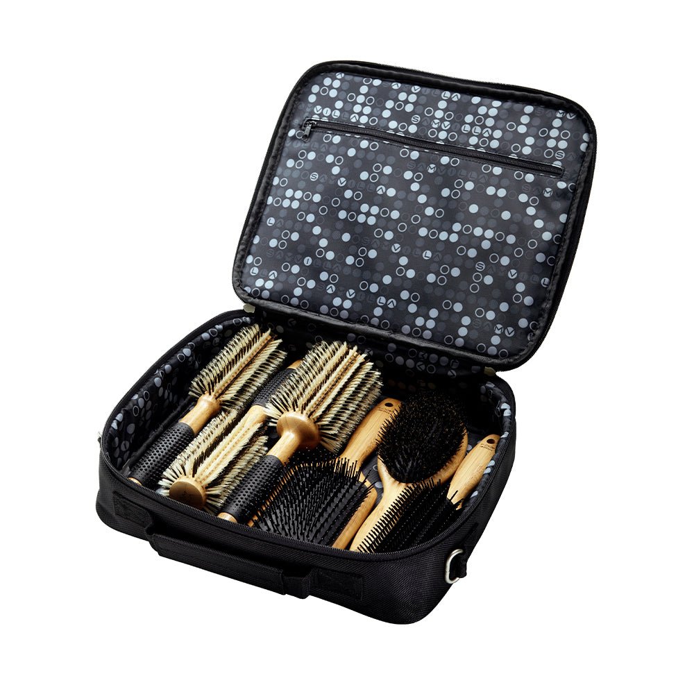 Sam Villa Signature Series Deluxe 6 Piece Brush Set with Case, professional hair brush set with lightweight bamboo handles, includes small round brush, medium oval brush, large oval brush, styling brush, 9-row finishing brush, and paddle brush, tourmaline-infused nylon and 100% first cut boar bristles for smoothing, shine, and conditioning, deluxe zippered travel case for easy storage, perfect for salon stylists and travel