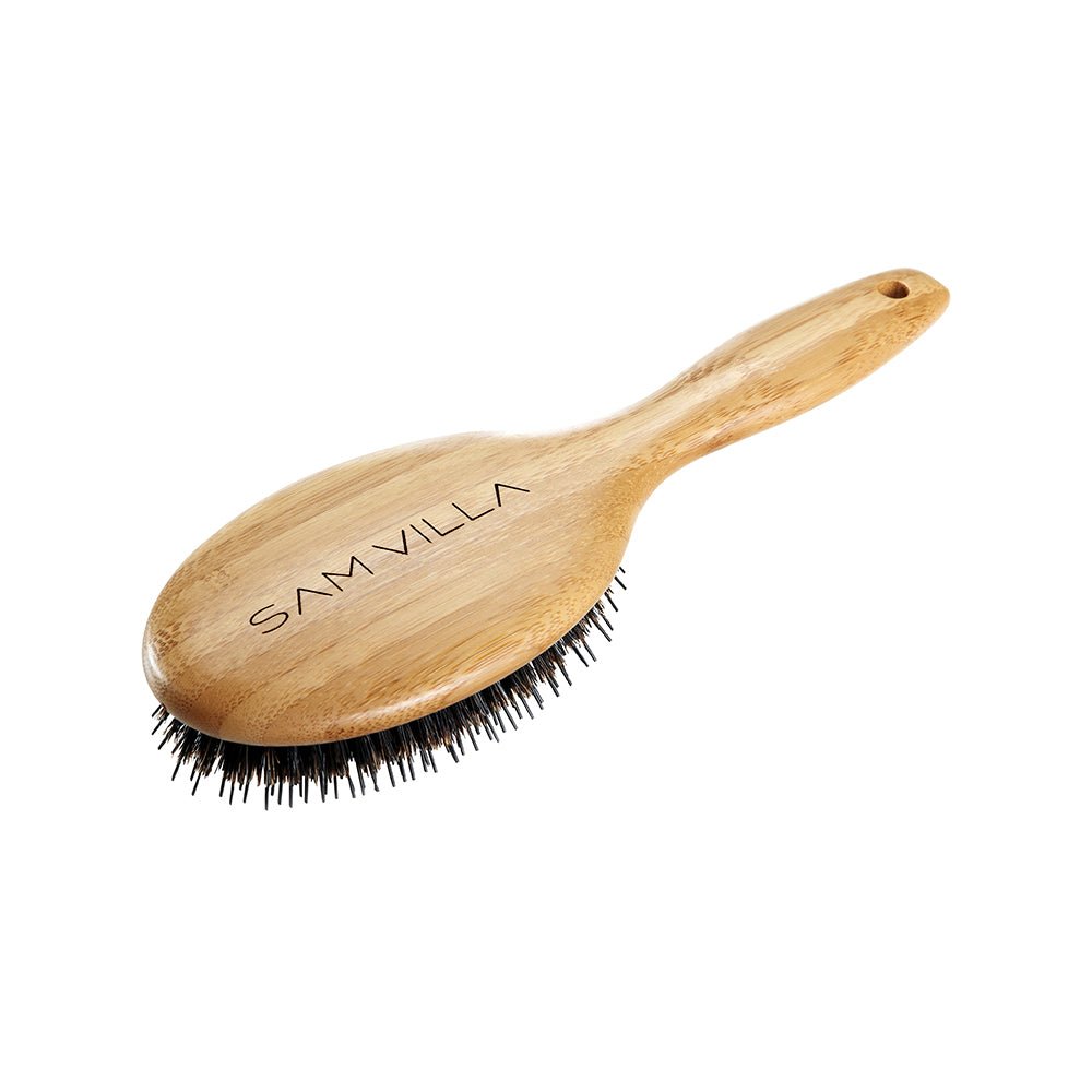 Sam Villa Signature Series Styling Brush, professional styling brush with boar and tourmaline-infused nylon bristles for detangling, polishing, and frizz-free shine, glides gently through tangles, adds smoothness and softness, ideal for blow drying, up styling, and brushing out extensions, ergonomic handle, salon-quality hair tool for all hair types