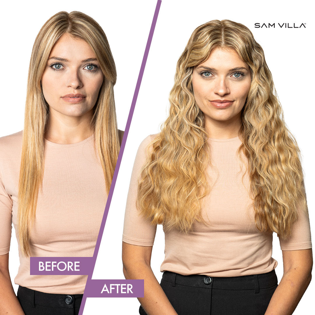 Before and after of blonde model from straight to wavy hair