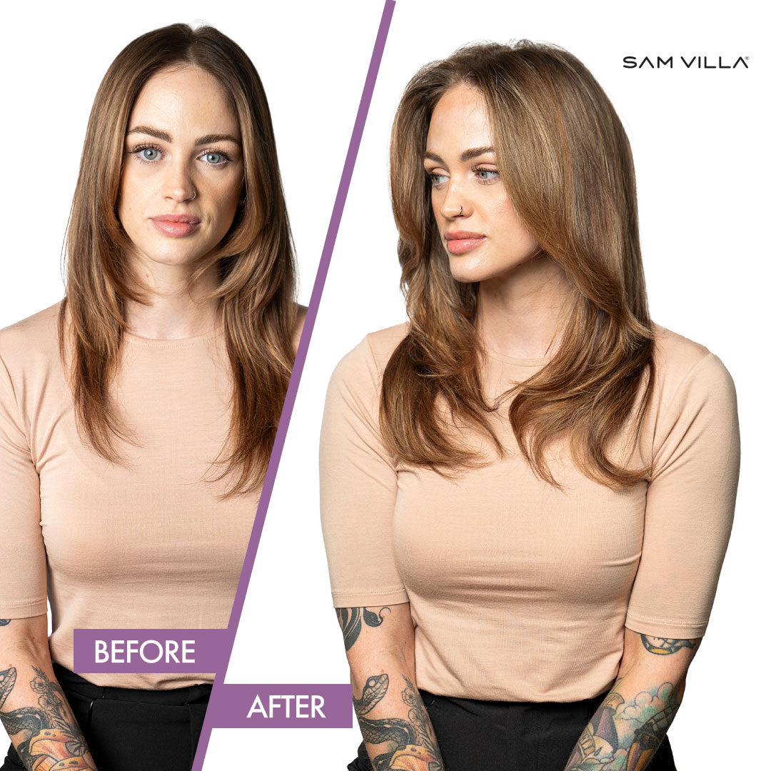 Before and after photos of a brunette woman using Sam Villa. 