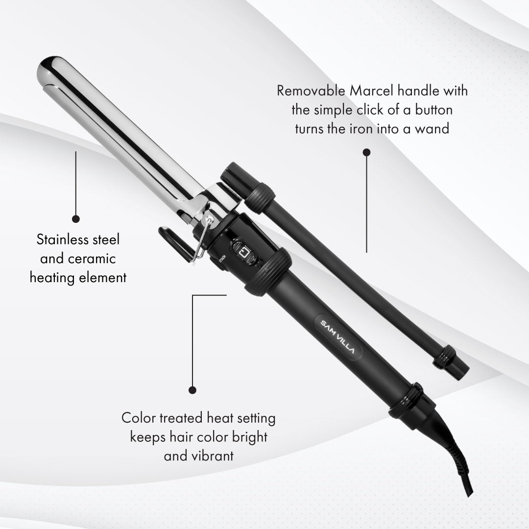 Sam Villa Artist Series Marcel Iron Infographic describing tool features over white background